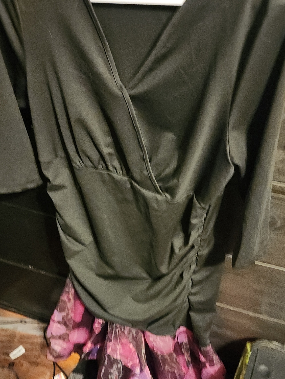 Black Wrap-Style Dress with Pink AND Purple Floral Hem